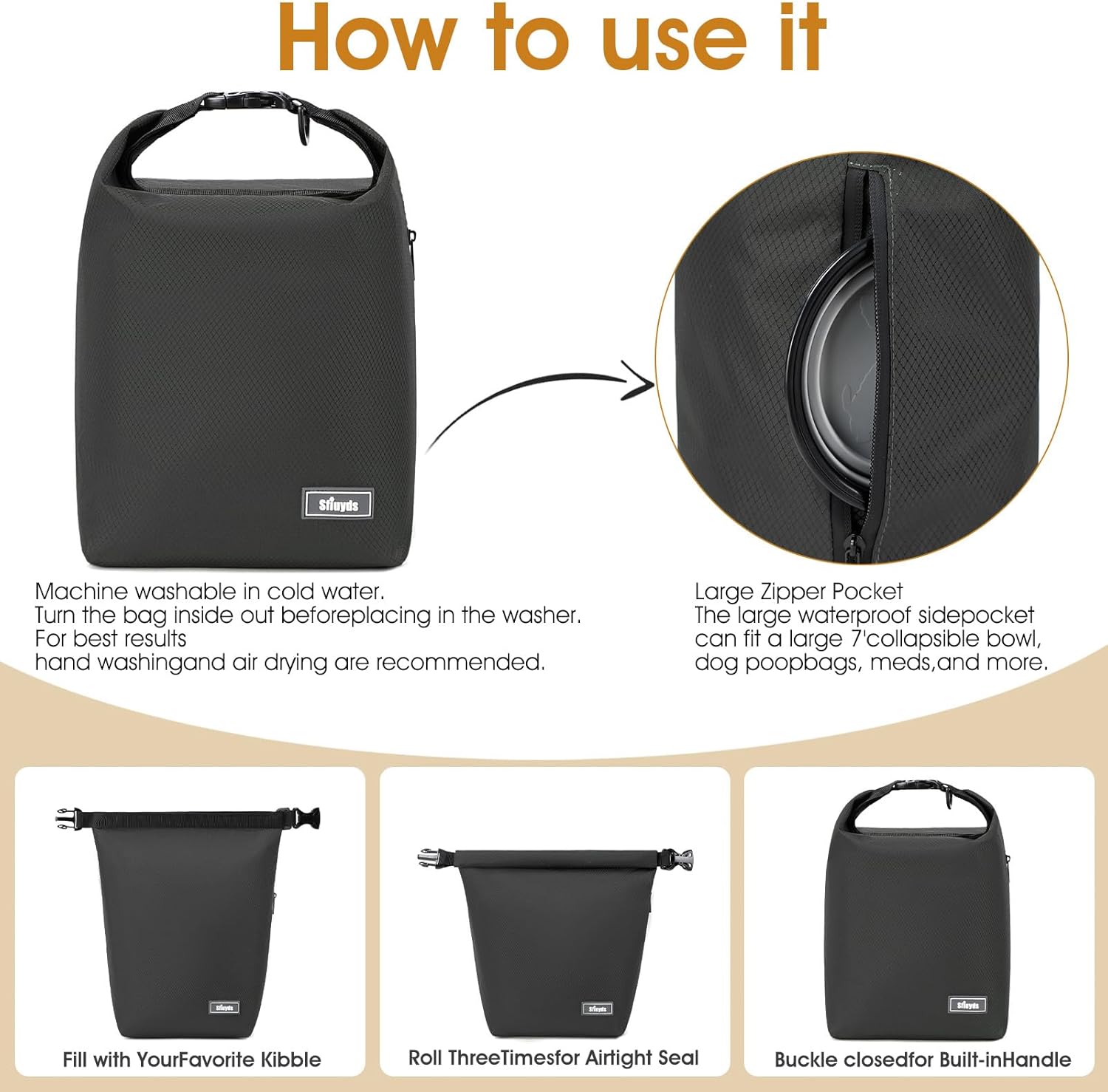 Dog Food Travel Bag,40-Cup Pet Food Storage Containers with 2PCS Collapsible Dog Travel Bowls,Waterproof Kibble Storage Container(Black, Large) - Image 4