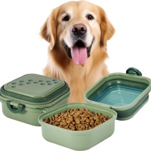 Collapsible Dog Water Bowl 30oz, 2 in 1 Portable Travel Dog Food Bowl with Lid, Easy Carry Loop Handle, Foldable Dog and Cat Food Bowl, Perfect for Traveling, Walking, Hiking (Green)