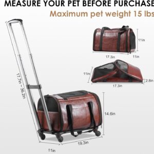 Leather Pet Carrier with Wheels, Airline Approved Travel Bag for Small Dogs & Cats Under 15 lbs, Rolling Pet Carrier for Airplane, Camping & Outdoor Coffee