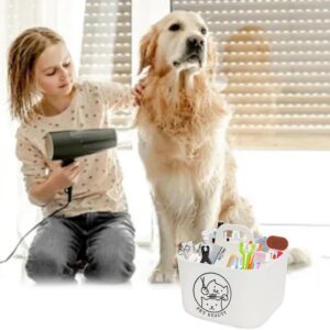 Dog Storage Organizer for Grooming Supplies,4-Compartment Caddy for Dog Cat Grooming Kit,Pet Stuff Storage,Ieal for Shampoo,Trimmer,Clipper,Combo,Brush-Modern Minimalist White