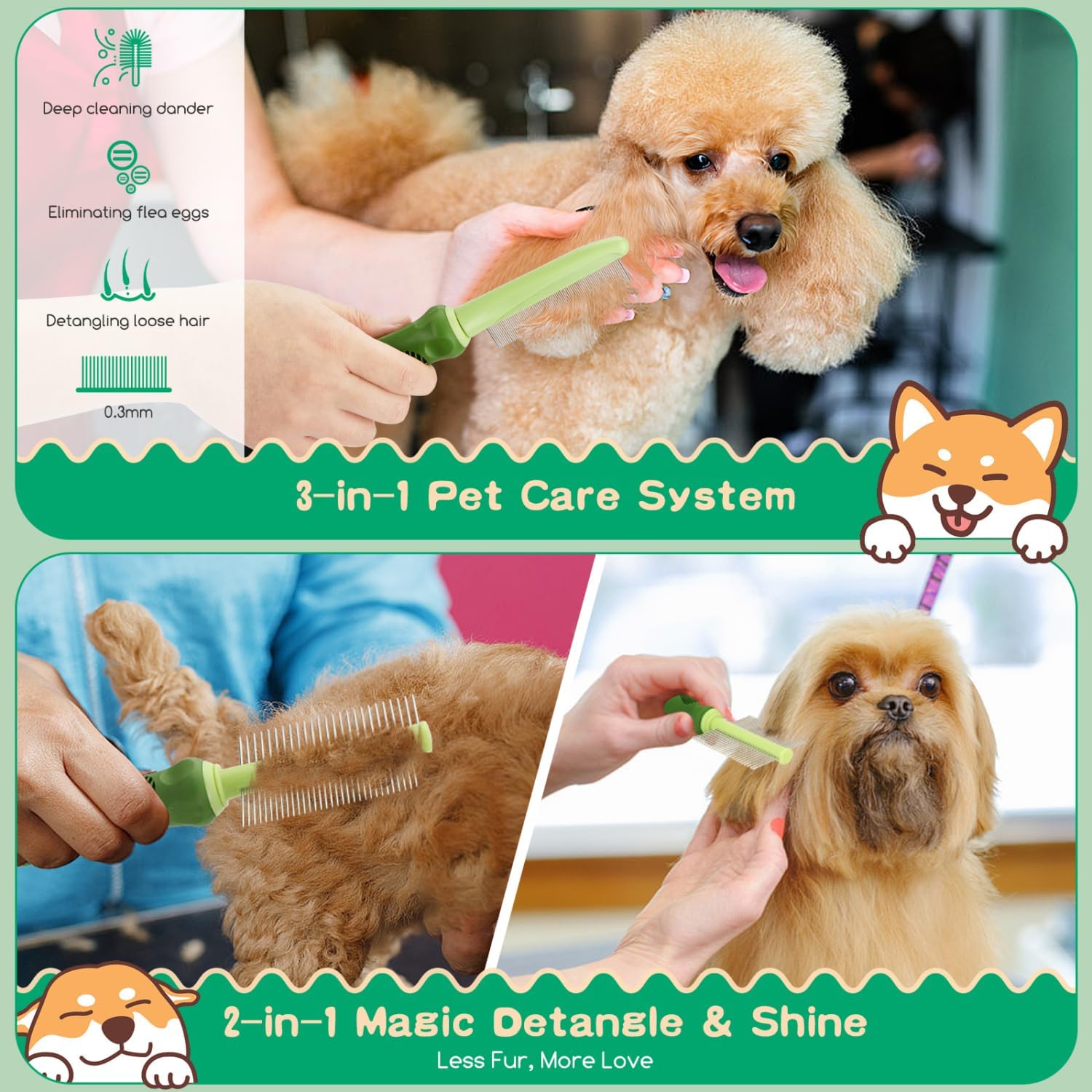 Nobleza 6PCS Dog Grooming Kit, Self-Cleaning Slicker Brush with Massage Tips, Dematting Comb for Shedding and Tangles, Ergonomic Bath Brush, Adjustable Handle, Safe for Dog Cat Puppy, Green - Image 4