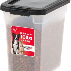 IRIS USA Dog Food Storage Container, 10 Pound, Airtight Seal and Buckle, Easy 1 Hand Opening Hinged Lid, Versatile, Space Saving Compact Size, Pearl/Black