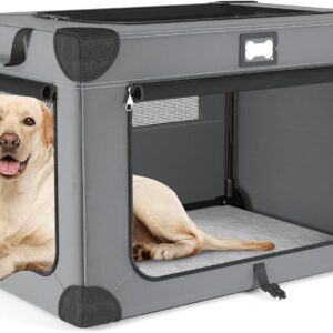 36 Inch Soft Collapsible Dog Crate, 3-Door Foldable Travel Dog Kennel with Durable Mesh Windows and Soft Plush Mat, Portable Pet Crate for Large Dogs Indoor & Outdoor