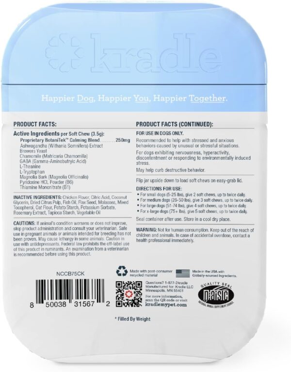 Kradle Calming Chews for Dogs - Anxiety and Stress Support - L-Theanine Ashwagandha GABA - Calming Supplement for Relaxation and Stress - Chicken Flavor- 75 Chews - Image 2