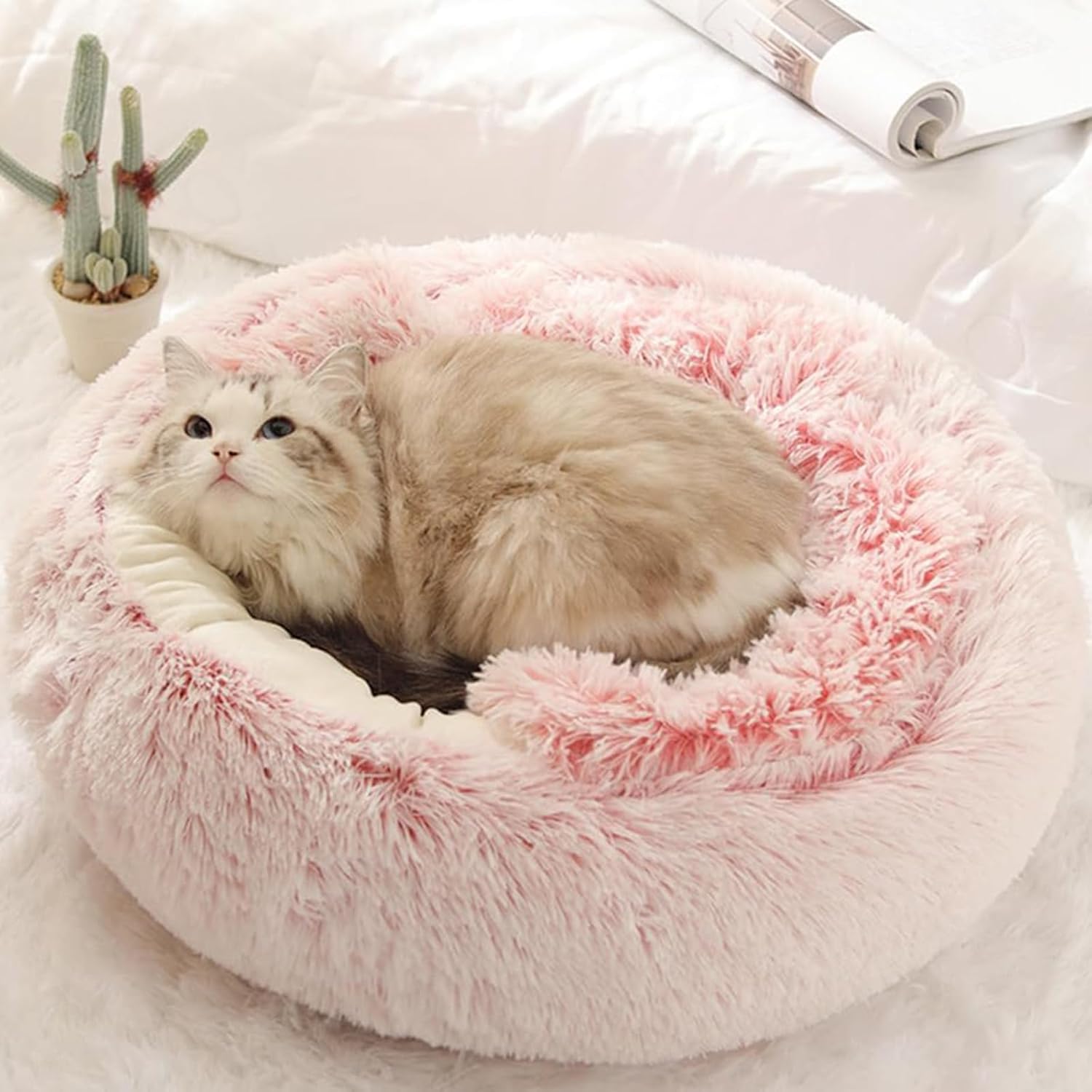 Calming Dog Bed Covered Donut Cat Cave Bed for Indoor Cats Dogs,Fluffy Plush Puppy Cushion Pet Bed Kitten Small Dog Soft Warm Donut Cave Bed Sleeping Bag Sleeping Pillow,Pink,50cm/19.69" - Image 3
