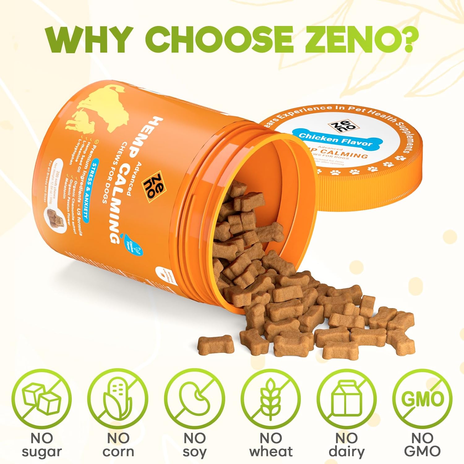 ZENO Hemp Calming Chews for Dogs Anxiety 200 pcs - Chicken Flavored - Anxiety Relief - Calming Chews Treats - Melatonin for Dogs - for Stress, Travel, Check-up, Barking or Grooming - Image 5