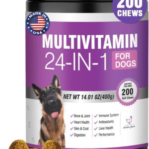 24-in-1 Dog Vitamins and Supplements 200 Ct Dogs Multivitamin Chewable Contain Chondroitin Probiotics Omega-3 Glucosamine for Dogs Skin Coat Heart Joint Gut Digestion Liver Brain Eyes Immune Support