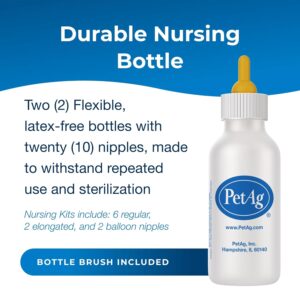 PetAg Nursing Kit – 2 oz, Pack of 2 – Promotes The Natural Feeding of Liquids to Baby Animals – Each Kit Includes 2 oz. Bottle with Cap, 5 Nipples & Cleaning Brush