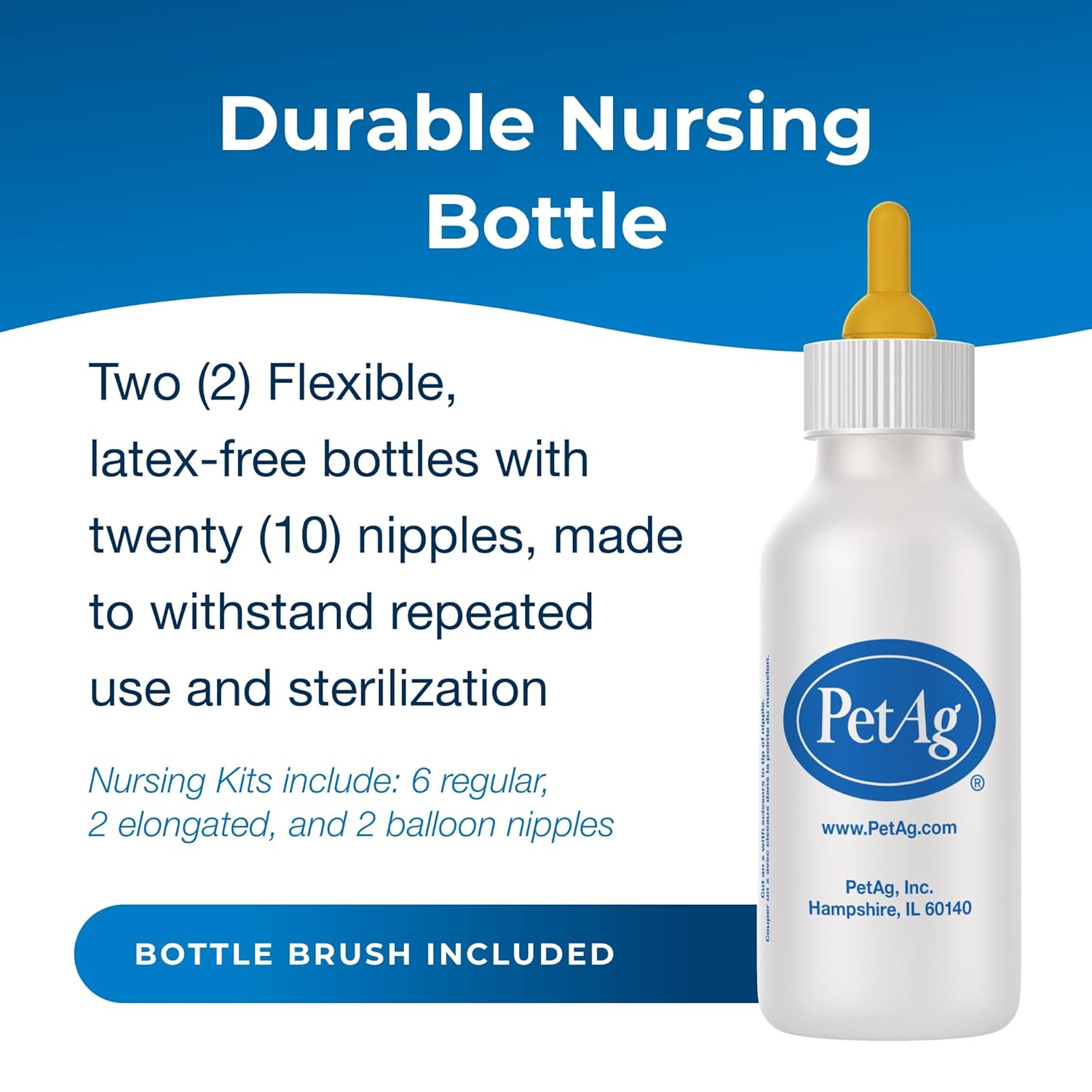 PetAg Nursing Kit - 2 oz, Pack of 2 - Promotes The Natural Feeding of Liquids to Baby Animals - Each Kit Includes 2 oz. Bottle with Cap, 5 Nipples & Cleaning Brush - Image 2