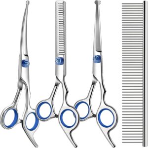 Professional 4 in 1 Dog Grooming Scissors Kit with Safety Round Tips,Sharp & Durable,Dog Shears for Grooming - Includes Straight, Curved, Thinning Scissors and Comb - Premium Pet Supplies