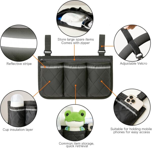 Stroller Caddy Stroller Organizer With Cup Holder, Non Slip Straps Stroller Bag for Phone, Pet Stroller Accessories,Universal Stroller Organizer, stroller caddy,Fits Single & Double Strollers - Image 7