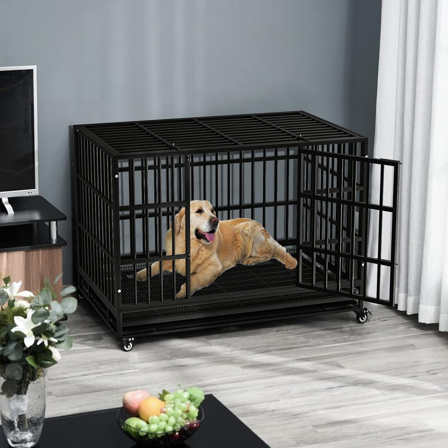 LEMBERI 48/38 inch Heavy Duty Indestructible Dog Crate, Escape Proof Dogs Cage Kennel with Lockable Wheels,High Anxiety Double Door Kennel,Extra Large Crate Indoor for Large Dog with Removable Tray - Image 2