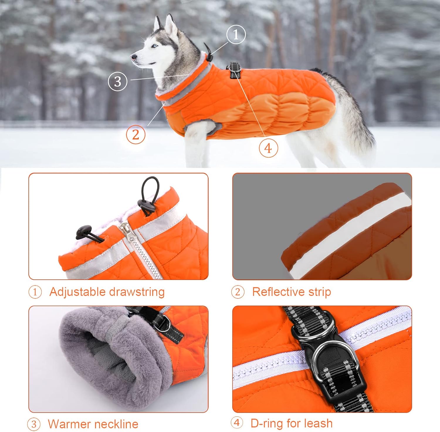 Lelepet Dog Coat with Harness Built in, Waterproof, Windproof, Reflective, Fleece Vest with Turtleneck & Zipper - Coats for Medium Dogs in Cold Weather, Blaze Orange, M - Image 3