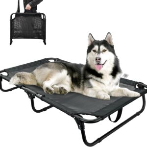 Elevated Raised Dog Bed for Medium Sized Dogs Foldable Outdoor Cooling Dog Bed Cot with Breathable Mesh, Chew-Proof, No Assembly Need, Black