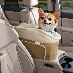 Convertible Dog Car Seat & Travel Bed for Small Dogs - Tear-Proof Pet Booster Seat with Secure Safety Straps, Removable Storage Pockets & Side Mesh - Safety Certified Car Console Accessory (Brown)