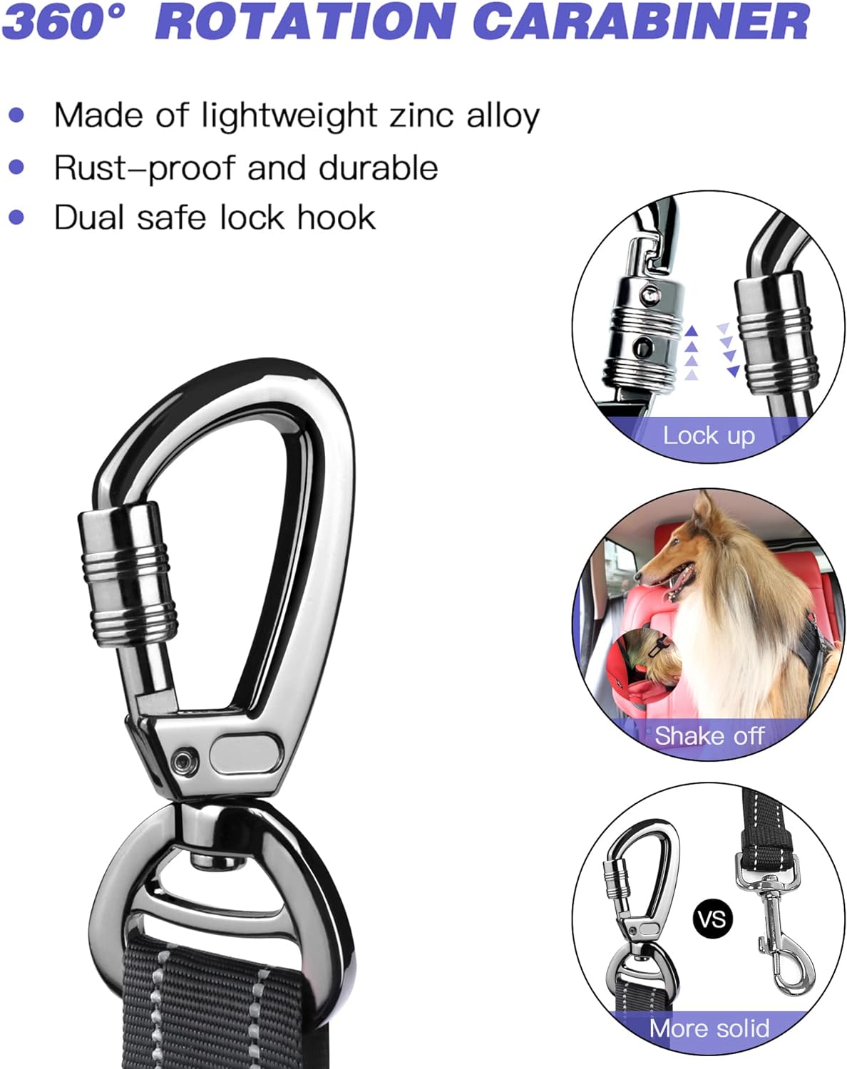 AUBELL Dog Seat Belt for Car,Updated 3-in-1 Adjustable Reflective Bungee Heavy Duty Dog Car Harness Tether with Clip Hook Latch & Buckle,Swivel Zinc Alloy Carabiner,Black - Image 4