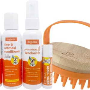 Dog Bath Travel Kit | Aloe & Oatmeal Shampoo & Conditioner | Pina Colada Deodorizer | Nose Balm | Bath Brush Bath Gift Set | Bath Sampler Grooming Kit
