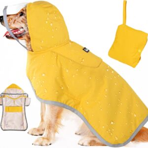SlowTon Dog Raincoat, Adjustable Dog Rain Jacket Clear Hooded Double Layer, Waterproof Poncho with Reflective Strip Straps and Storage Pocket for Small Medium Large Dog (Yellow XL)