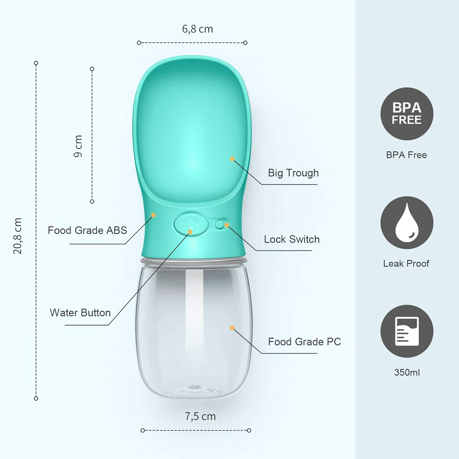 Dog Water Bottle, Leak Proof Portable Pet Water Bottles for Dogs, Puppy Water Dispenser with Drinking Feeder for Travel (Teal 12oz) - Image 6