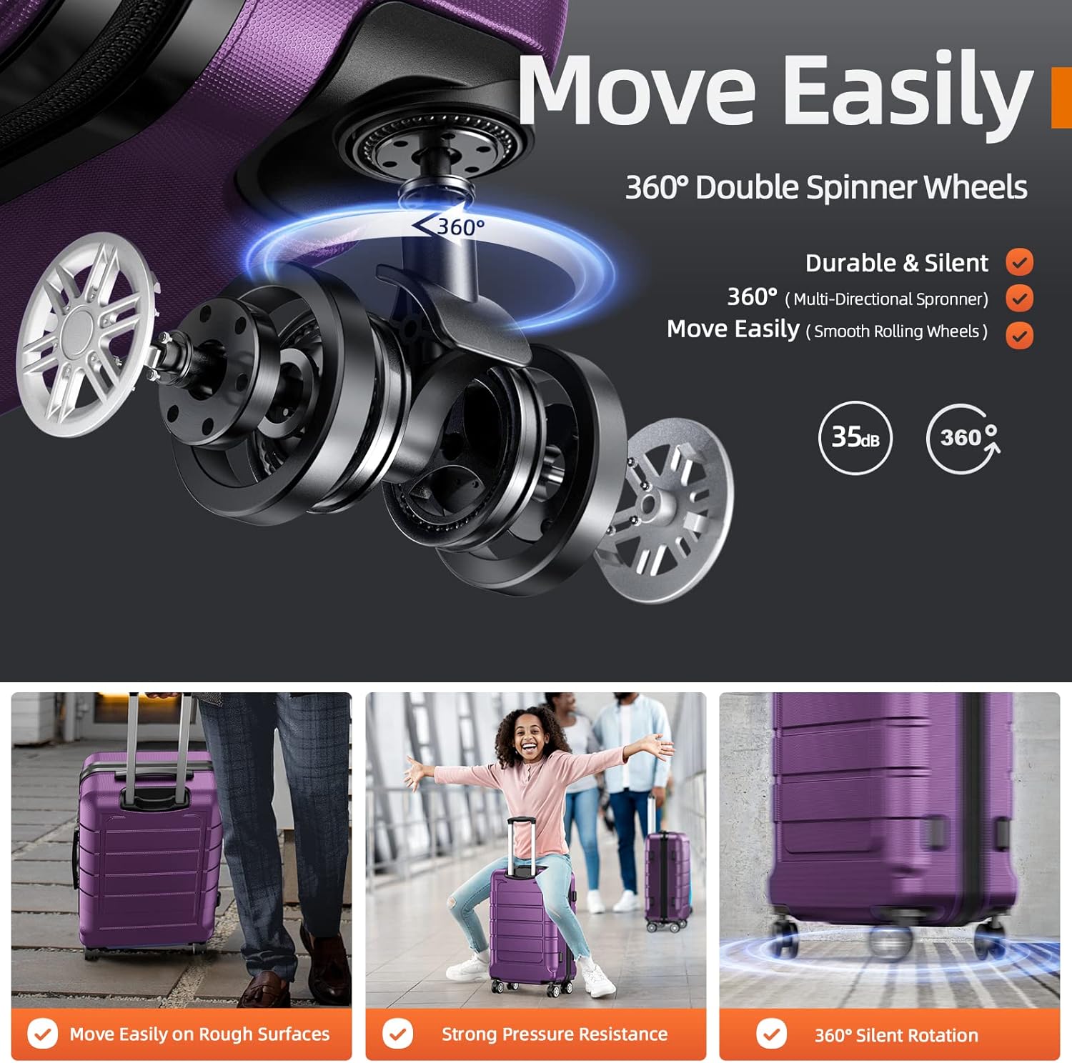 SHOWKOO Luggage Sets Expandable PC+ABS Durable Suitcase Sets Double Wheels TSA Lock 4 Piece Luggage Set Purple - Image 3