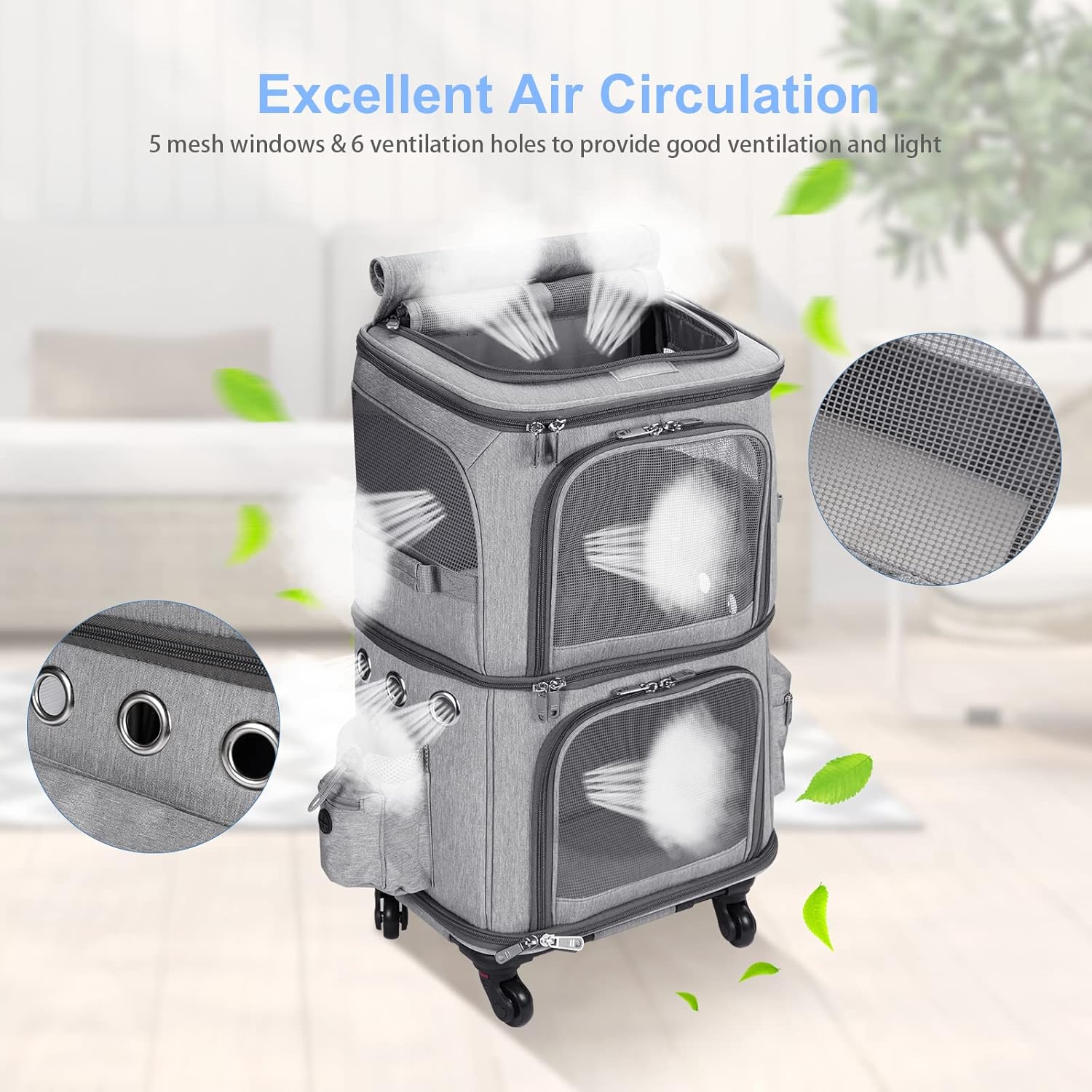 Extra Large Double-Compartment Pet Carrier Backpack with Wheels for Small Dogs and Cats, Cat Rolling Carrier for 2 Cats, Perfect for Traveling/Taking a Walk/Trips to The Vet, Grey - Image 3