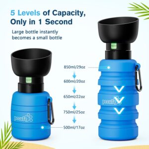 Pecute Dog Water Bottle Portable & Collapsible,17oz-29oz Dog Water Bottle with Folding Bowl, 5 Levels Capacity in 1, Carabiner Clip, 100% Food Grade Silicone,Outdoor Walking,Hiking,Travel,Blue