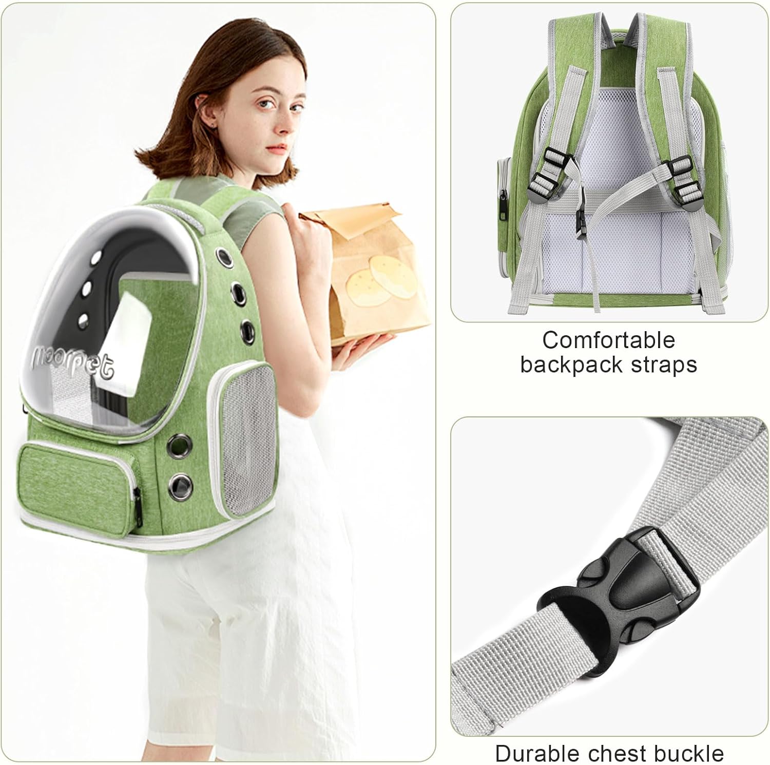 Breathable Cat Bubble Backpack Large Space Pet Carrier Backpack Expandable for Kitty Dog, Foldable Airline Approved Cat Backpack, Transparent PetTravel Backpack Up to 20 lbs (Green) (Green) - Image 3