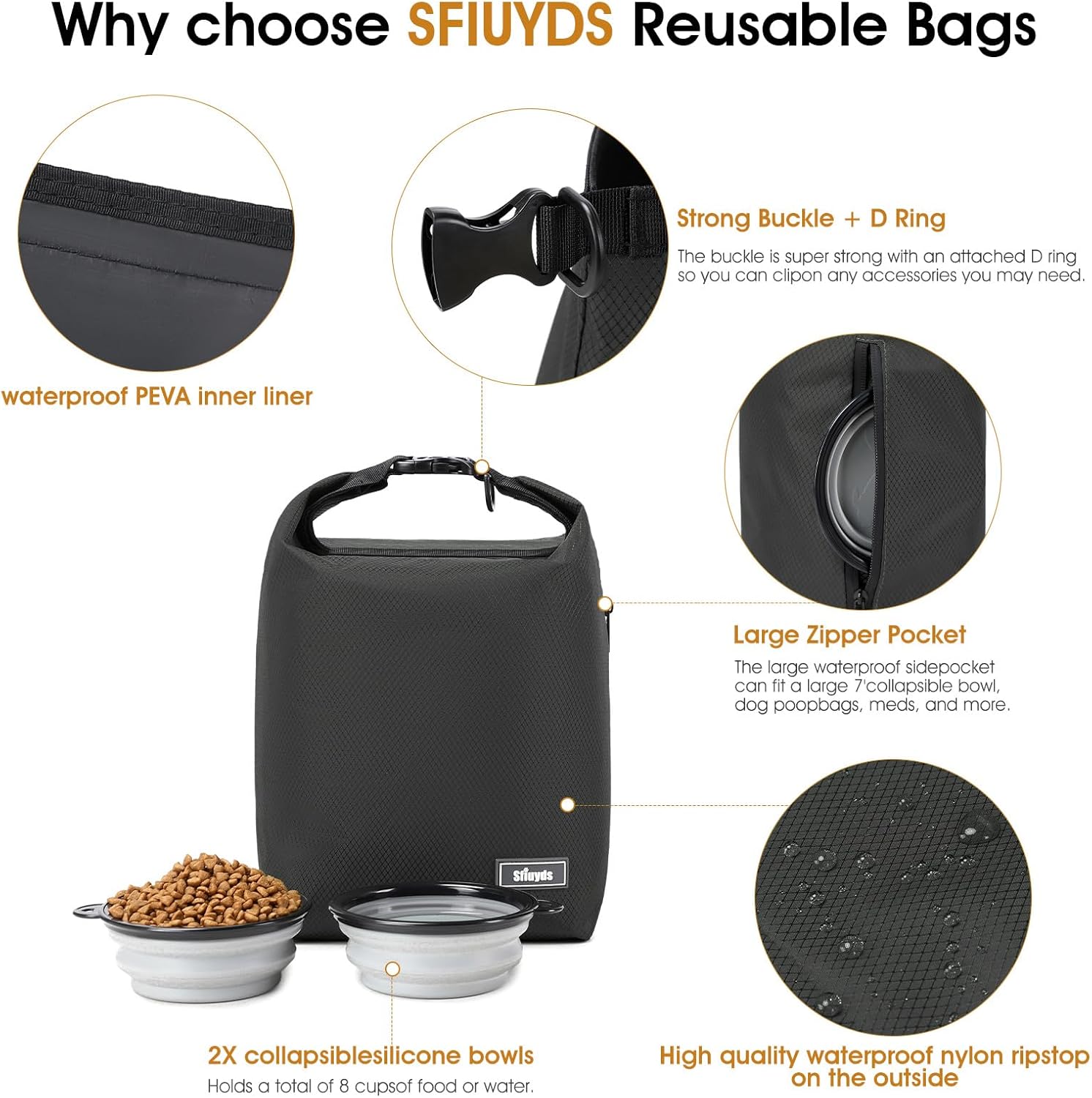 Dog Food Travel Bag,40-Cup Pet Food Storage Containers with 2PCS Collapsible Dog Travel Bowls,Waterproof Kibble Storage Container(Black, Large) - Image 3
