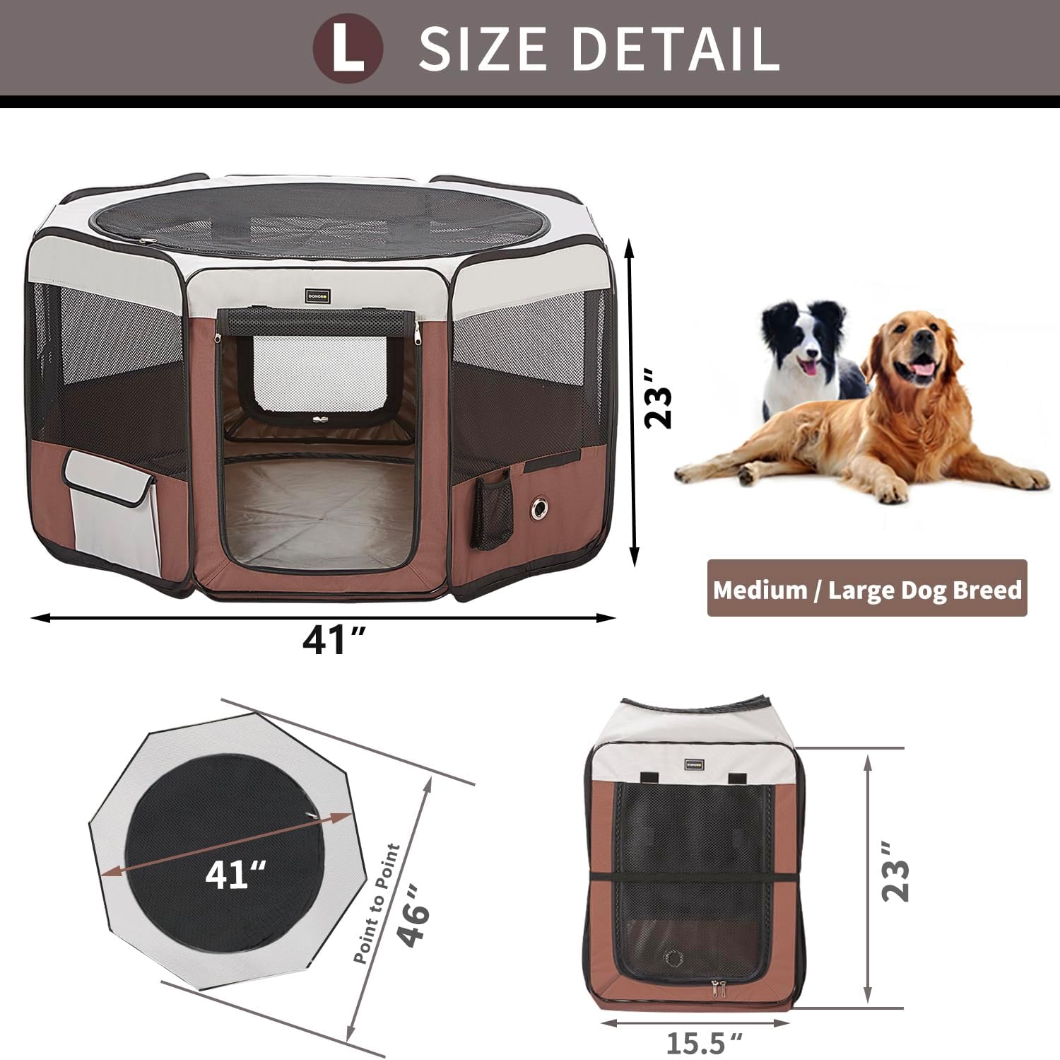 DONORO Dog Playpen 46" Portable Pet Play Pens for Small Medium Dogs, Foldable Exercise Kennel Tent Crate Indoor/Outdoor Travel Camping, Removable Top/Bottom (Brown, Large (46"x46"x23"), 8) - Image 4