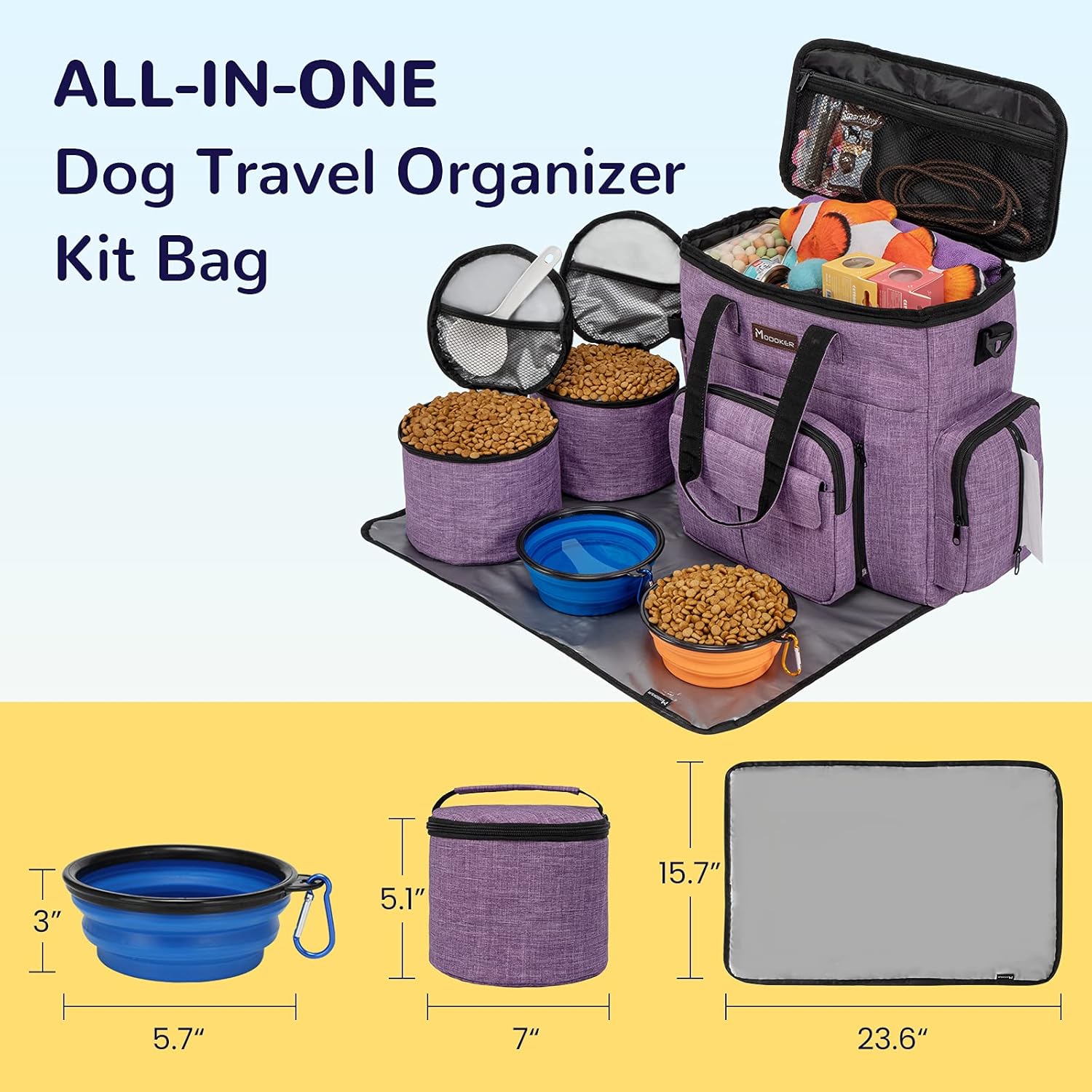 Modoker Dog Travel Organizer Carriers for Supplies & Accessories, Airline Approved Cat Pet Travel Bag, 2 Collapsible Bowls, 2 Travel Dog Food Container, Purple - Image 4