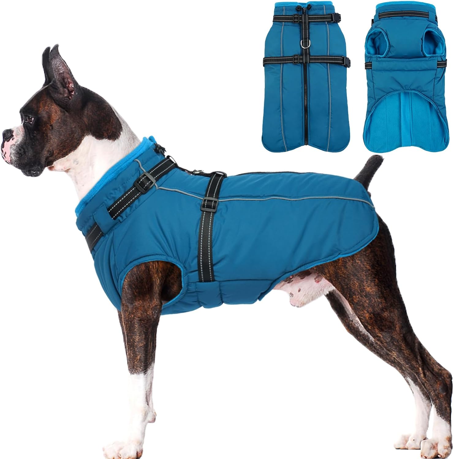 Lelepet Waterproof Dog Jacket with Harness - Warm Winter Coat, Fleece Jacket, Reflective Coats for Lage Dogs, French Bulldogs, Blue, L