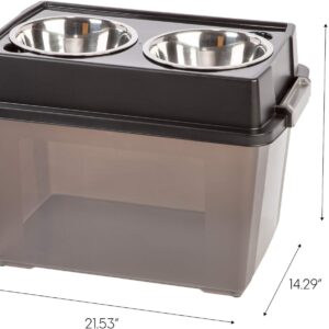 IRIS USA Elevated Dog Bowls, 15″H Raised Bowl for Large Dogs, Airtight Pet Food Storage Holds Up To 47 Lbs, 2 Removable 64 oz Stainless Steel Bowls, At Home or Camping, Smoke/Black