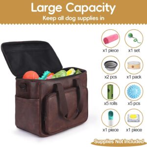 Dog Travel Bag, Leather Travel Pet Bag Set for Dog and Cat, Airline Approved Tote Organizer with Multi-Function Pockets, 2 Food Storage Containers, 2 Collapsible Bowls
