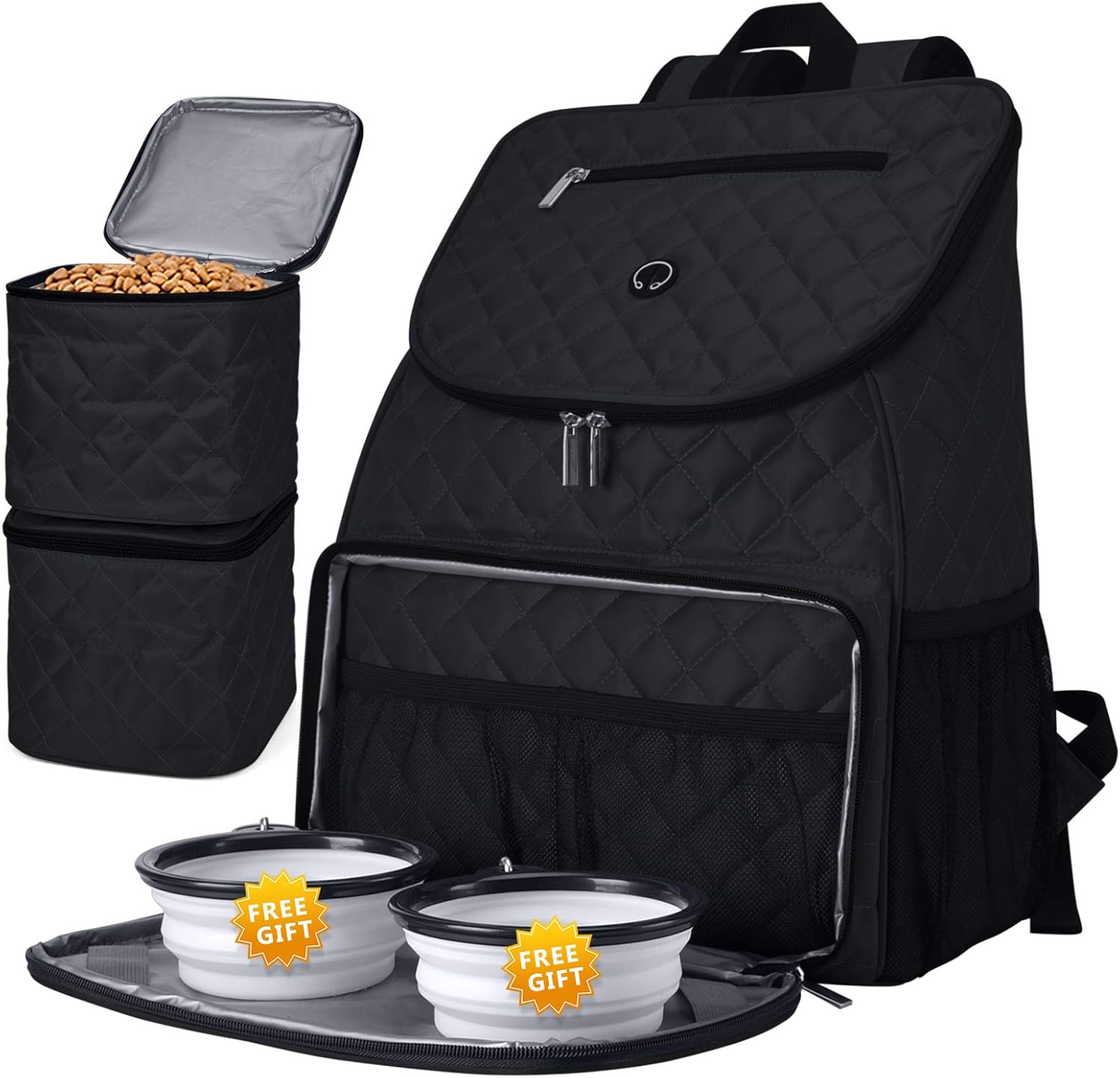 BAGLHER Dog Travel Bag, Airline Approved Pet Supplies Backpack, Dog Travel Backpack with 2 Silicone Collapsible Bowls and 2 Food Baskets, Black