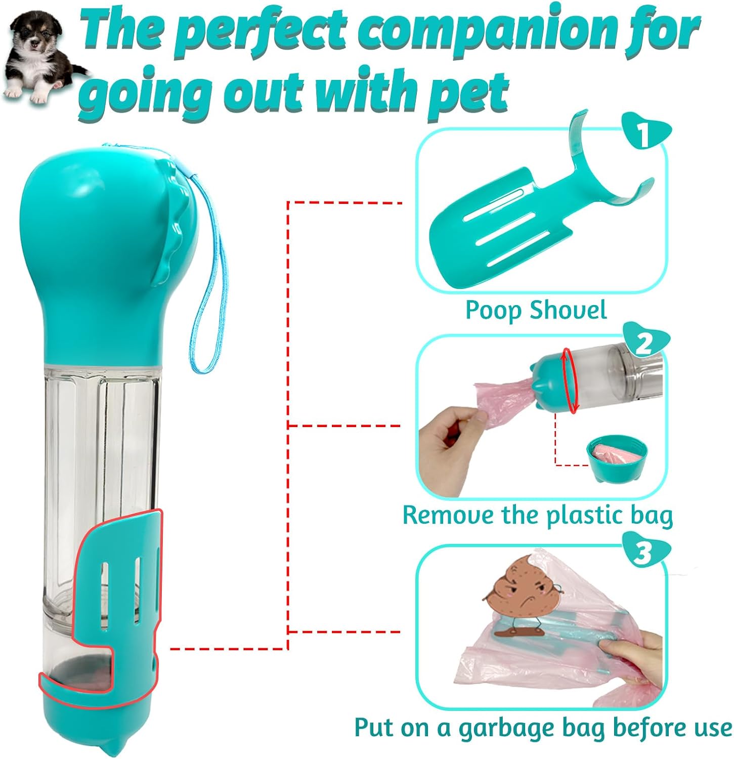 Portable Dog Water Bottle with Feeder and Waste Kit, 12.1oz, Lake Blue - Image 5