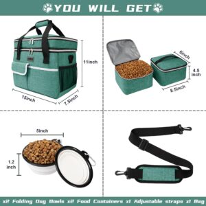 BAGLHER Dog Travel Bag for Supplies – Double-Layer Airline Approved Weekend Pet Travel Organizer Set for Dog and Cat Tote with 2 Pet Food Containers and 2 Collapsible Silicone Bowls Green