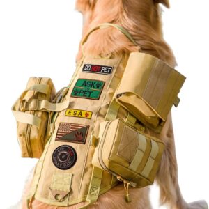 AIWAI Tactical Dog Harness with Pouches,Dog Vest Harness for Large Medium Dogs No-Pull Adjustable Military Dog Harness with Handle Walking Hiking Training (Khaki, L)