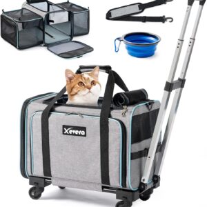 Cat Dog Carrier with Wheels, Expandable Rolling Soft-Sided Carrier for Small Cats and Dogs Under 25 LBS, Pet Carrier on Wheels with Locking Safety Zippers and Anti-Scratch Mesh (Grey)
