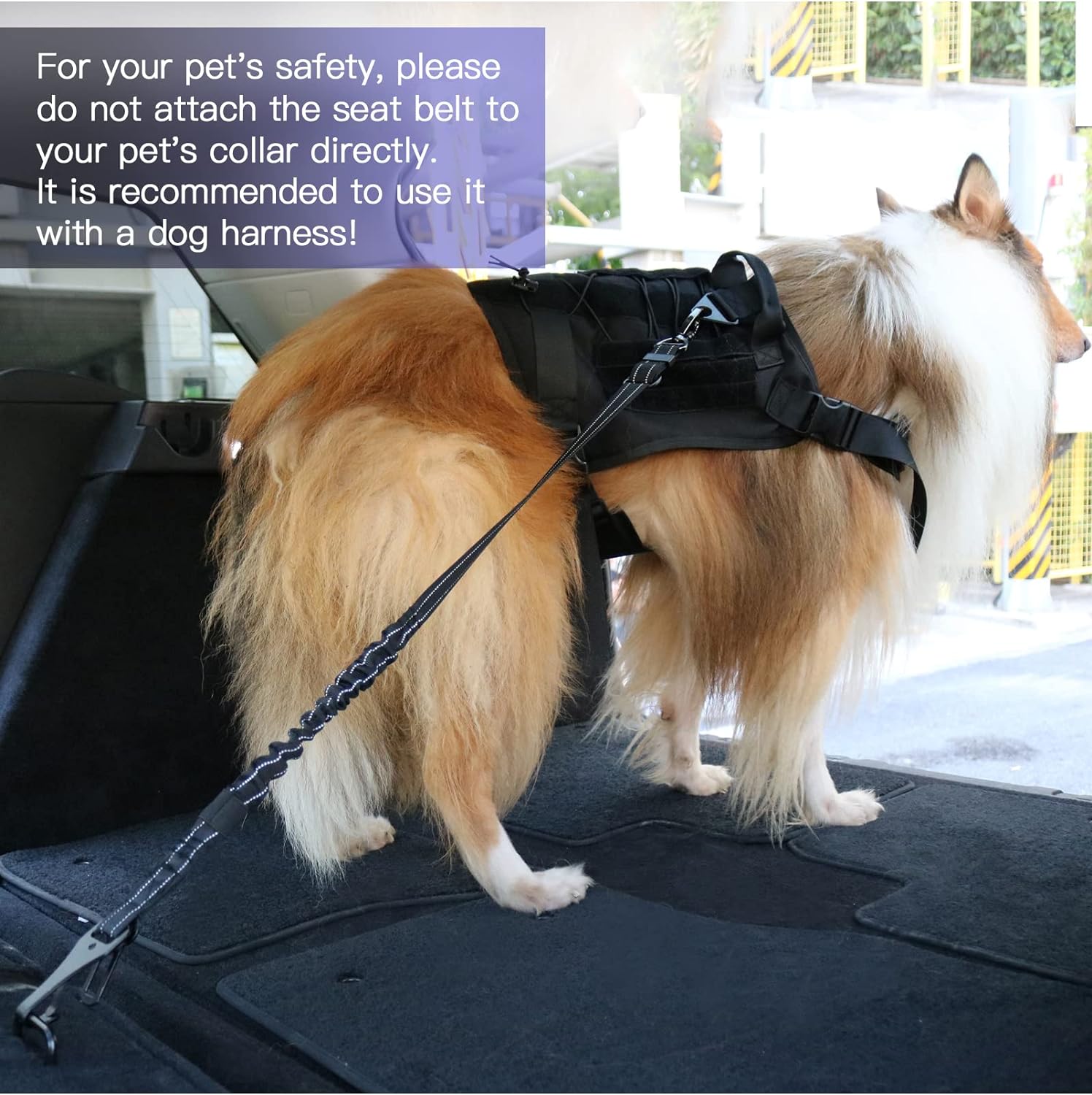 AUBELL Dog Seat Belt for Car,Updated 3-in-1 Adjustable Reflective Bungee Heavy Duty Dog Car Harness Tether with Clip Hook Latch & Buckle,Swivel Zinc Alloy Carabiner,Black - Image 8