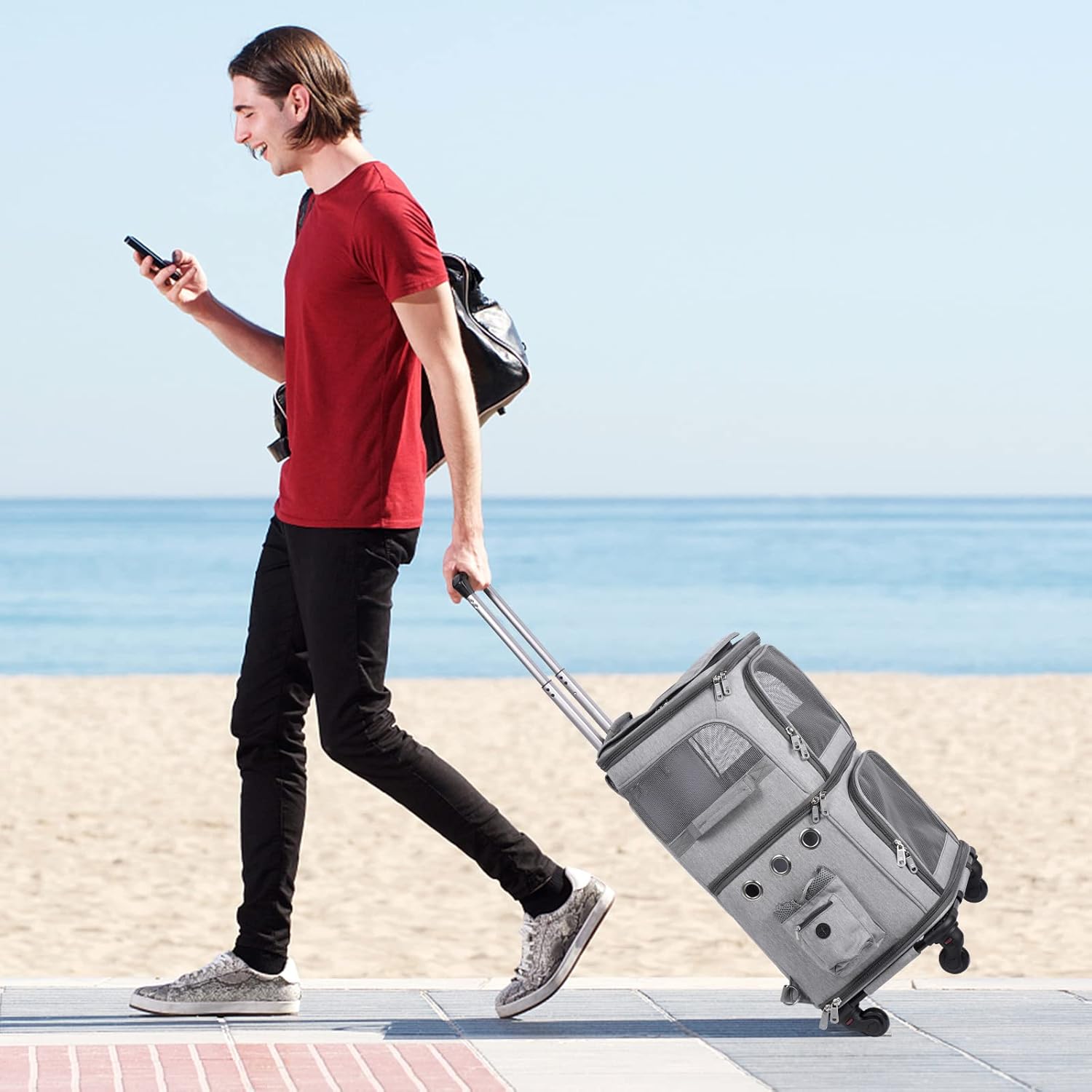 Extra Large Double-Compartment Pet Carrier Backpack with Wheels for Small Dogs and Cats, Cat Rolling Carrier for 2 Cats, Perfect for Traveling/Taking a Walk/Trips to The Vet, Grey - Image 7