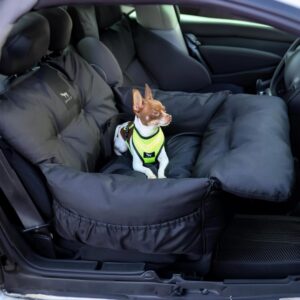 JACKO & CO Premium Dog Car Seat – Safe & Cozy Travel Bed and Carrier for Small Dogs, Puppies, Pets up to 25 lbs, Clip-On Leash & Storage Pockets, Water-Resistant, Machine Washable (Black, Small)