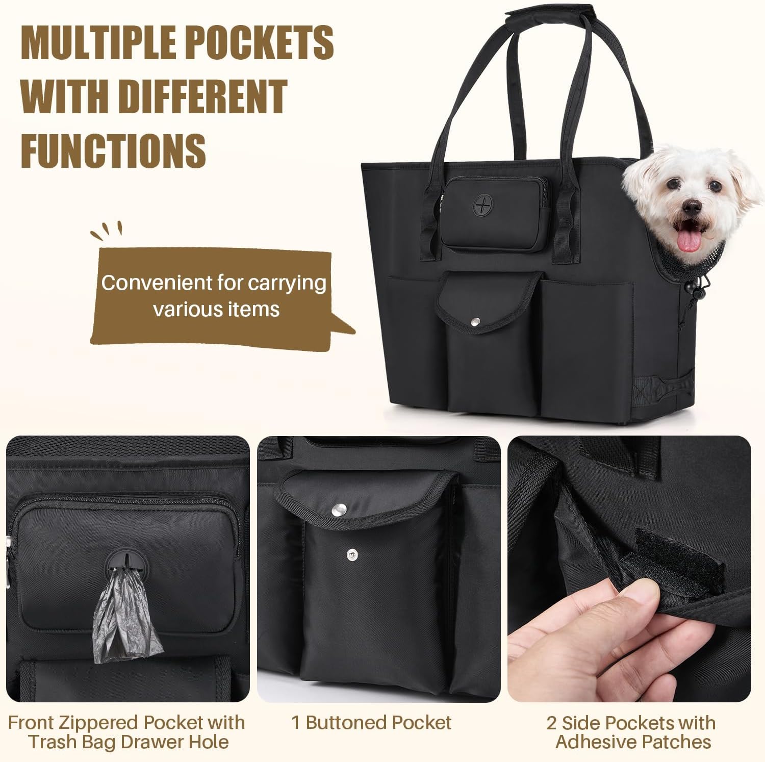 SlowTon Dog Purse Carrier - Portable Dog Carrier with Pockets & Safety Leash for Small Dogs Under 12 lbs, Breathable Pet Tote Bag for Cat Rabbit Outing, Travel, Vet (Black) - Image 3