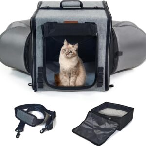 Cat Travel Carrier with Litter Box Portable Single Cat Carriers for Cat and Pet Shelter Ideal,Soft Foldable Design with Shoulder Strap, One Hammocks and Cushion,Large Size Single Grey