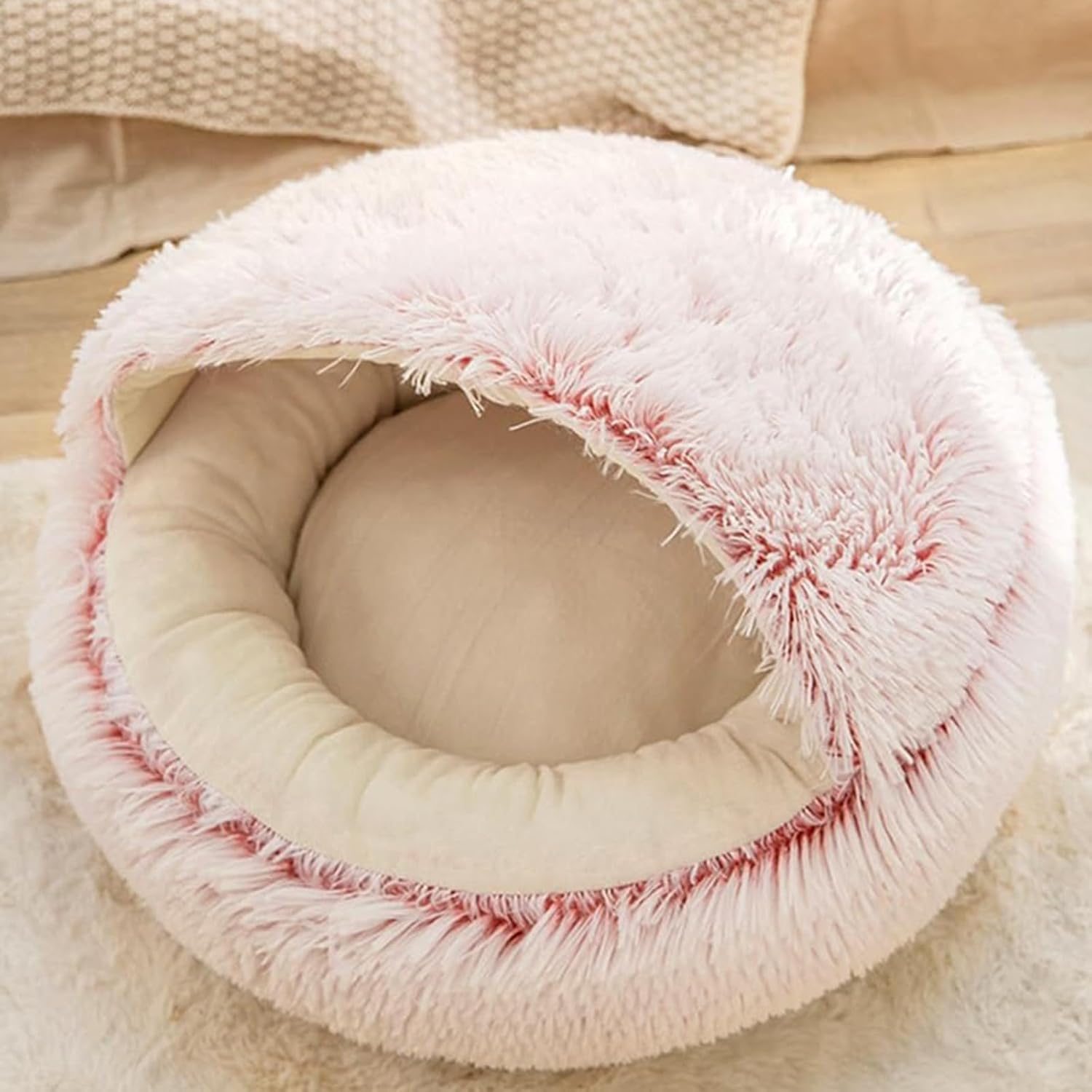 Calming Dog Bed Covered Donut Cat Cave Bed for Indoor Cats Dogs,Fluffy Plush Puppy Cushion Pet Bed Kitten Small Dog Soft Warm Donut Cave Bed Sleeping Bag Sleeping Pillow,Pink,50cm/19.69" - Image 9