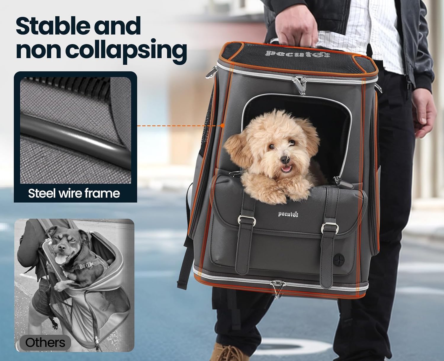 Pecute Cat Backpack Carrier,Anti-Gravity 30% Energy Saving, Dog Backpack with Waterproof PU Leather, Cat Carrier for Small Dog,Suitable for Climbing, Hiking, Traveling, Gray - Image 3