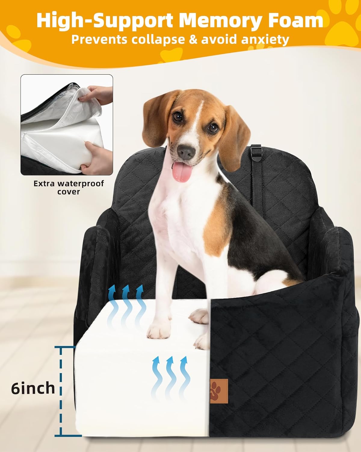 Car Seat Booster for Dog: High-Support Memory Foam Pet Car Seat for Small/Medium Dogs Under 35lbs with Elevated Cushion - Detachable Washable Puppy Travel Bed for Driving with Pockets (Black) - Image 4