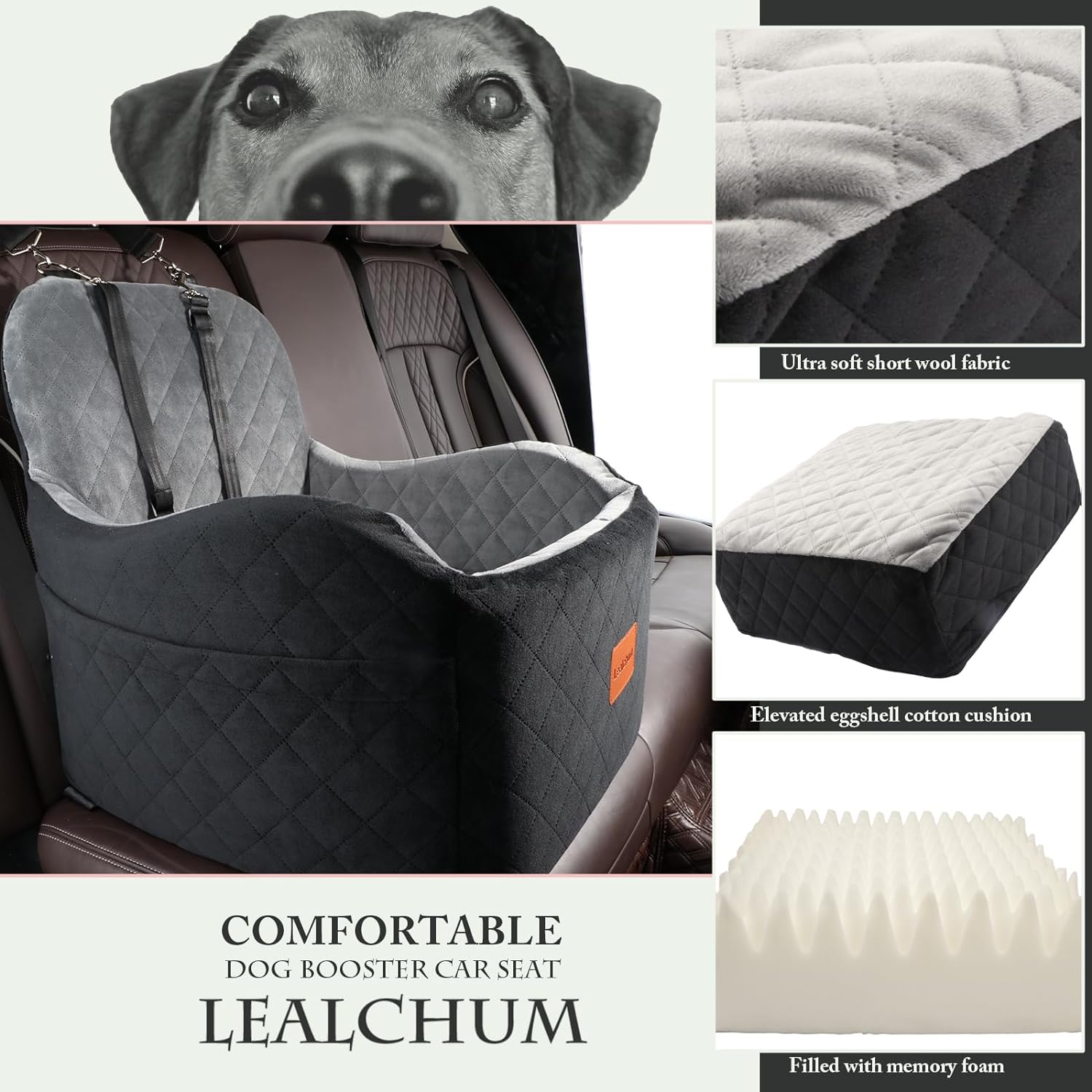 Dog Booster Car Seat for Small/Medium Dogs,6in Memory Foam Elevated Cushion,Fully Detachable and Washable,2 Clip-On Safety Leashes,Anti-Slip Base(Black/Grey,Medium) - Image 4