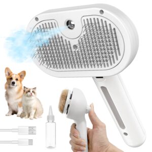 3 In 1 Self Cleaning Steamy Pet Brush – Anti-Static, Grooming Tool for Long and Short Hair Pets, Removes Loose Hair and Reduces Shedding, White