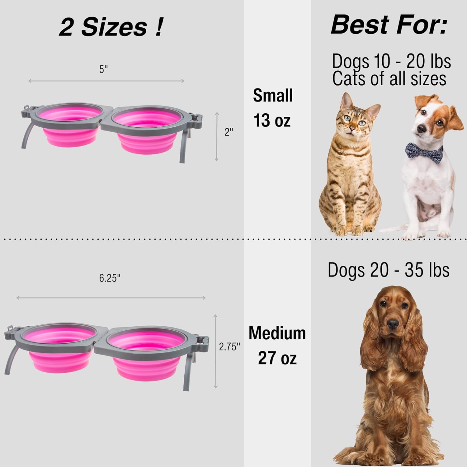 Loving Pets Bella Roma Double Diner Collapsible Dog Bowls - Silicone Dog Bowls, Foldable Bowl, Puppy Essentials & Hiking Pet Supplies Great for Home & Travel (Pink, Small) - Image 3