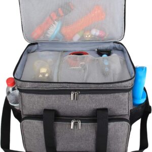 Teamoy Double Layer Dog Travel Bag, Dog Bag for Supplies with 2 Silicone Collapsible Bowls, 2 Food Carriers, 1 Water-Resistant Placemat, Pet Supplies Weekend Tote Organizer (Large, Gray)